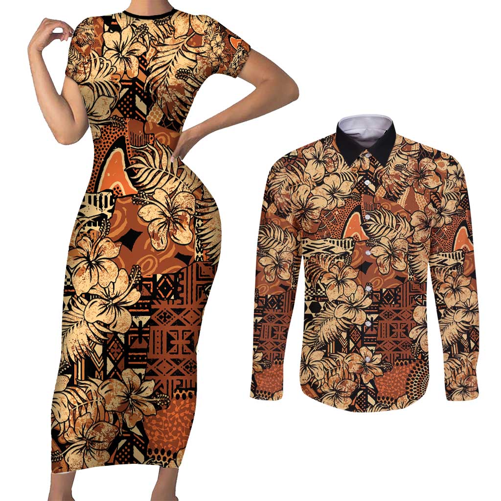 Hibiscus Mix African Pattern Couples Matching Short Sleeve Bodycon Dress and Long Sleeve Button Shirt - Wonder Print Shop
