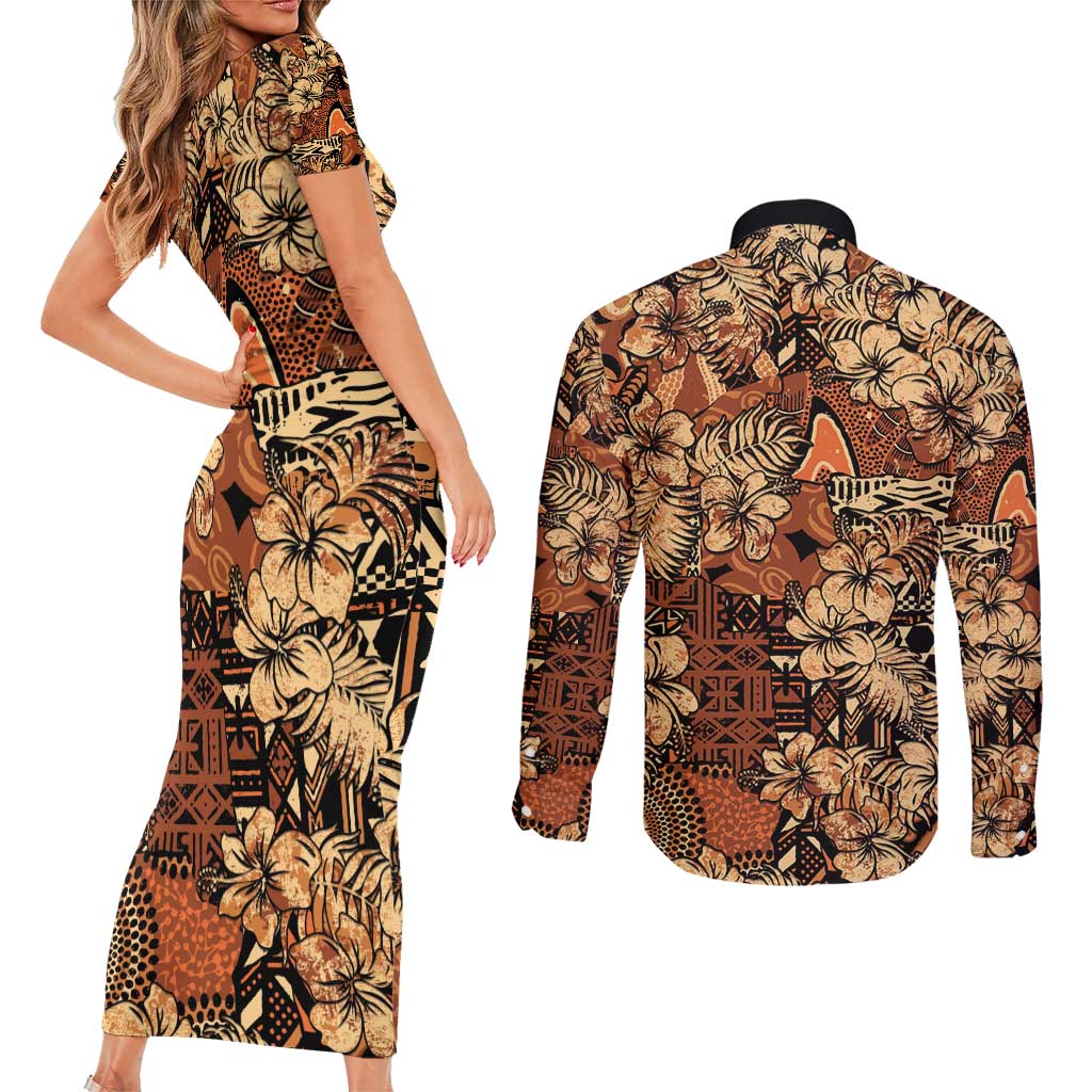 Hibiscus Mix African Pattern Couples Matching Short Sleeve Bodycon Dress and Long Sleeve Button Shirt - Wonder Print Shop