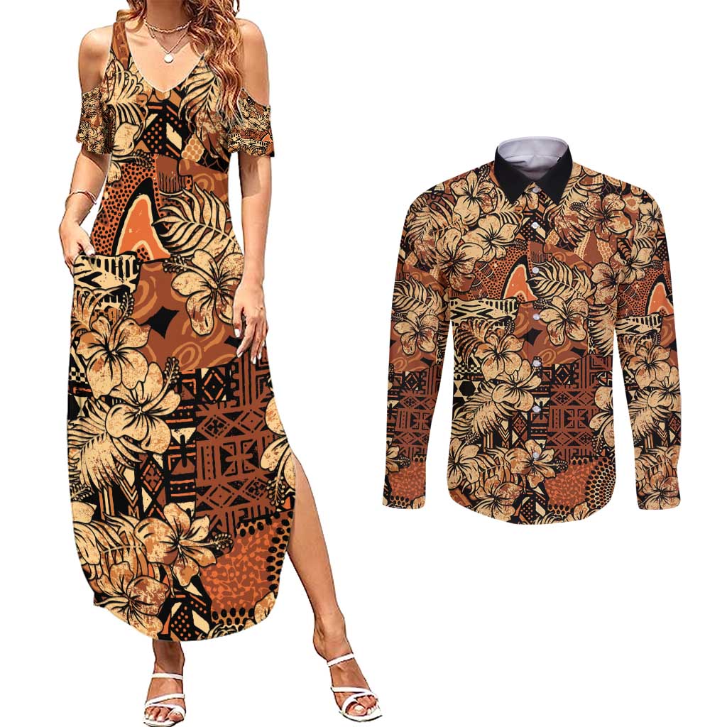 Hibiscus Mix African Pattern Couples Matching Summer Maxi Dress and Long Sleeve Button Shirt - Wonder Print Shop