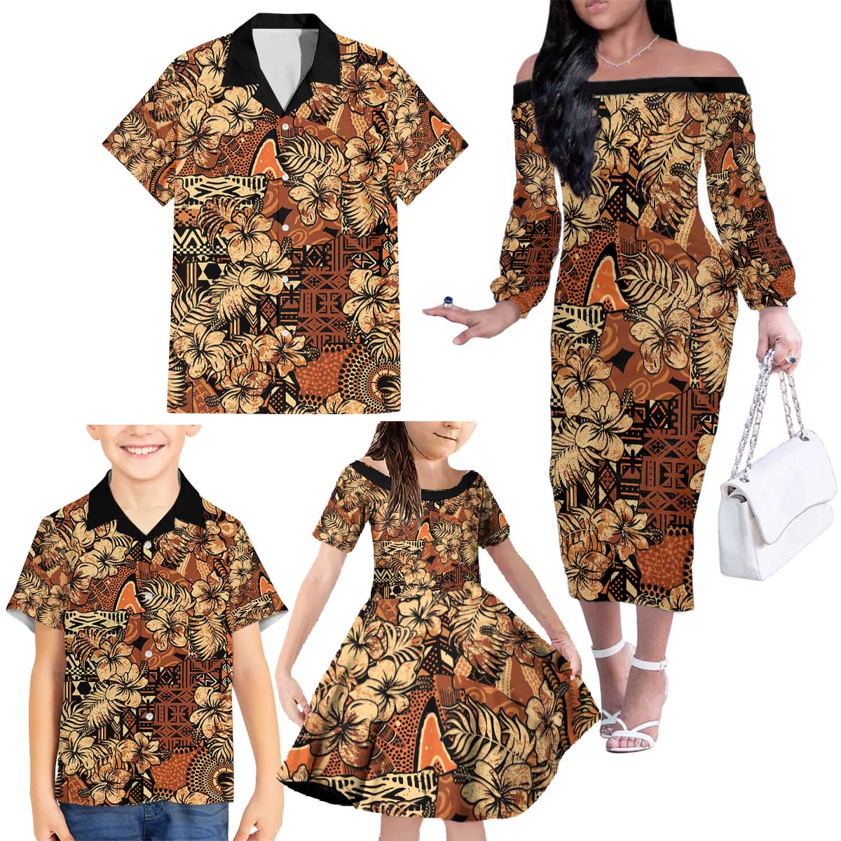 Hibiscus Mix African Pattern Family Matching Off The Shoulder Long Sleeve Dress and Hawaiian Shirt - Wonder Print Shop