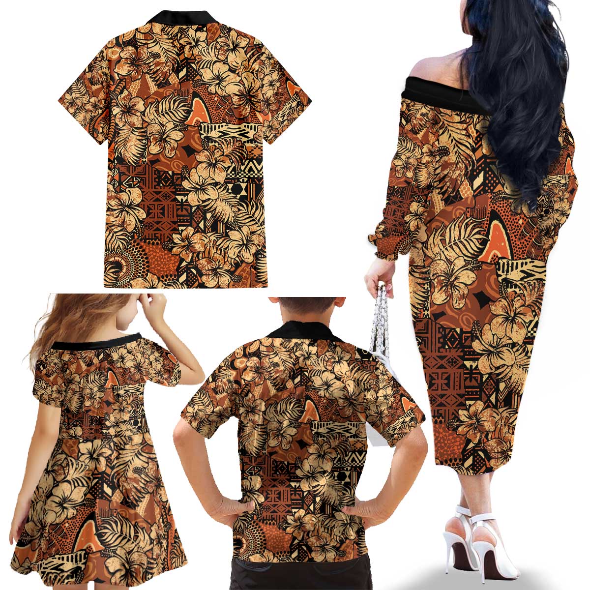 Hibiscus Mix African Pattern Family Matching Off The Shoulder Long Sleeve Dress and Hawaiian Shirt - Wonder Print Shop