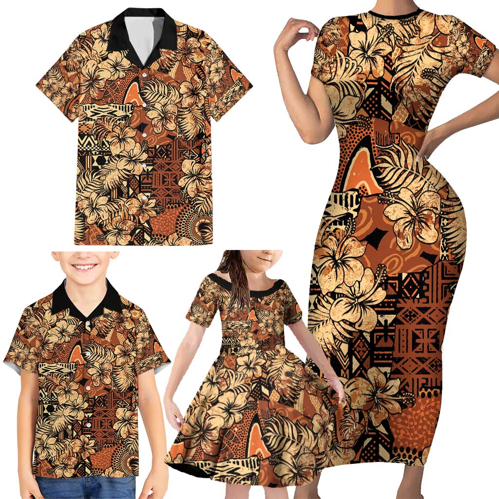 Hibiscus Mix African Pattern Family Matching Short Sleeve Bodycon Dress and Hawaiian Shirt - Wonder Print Shop