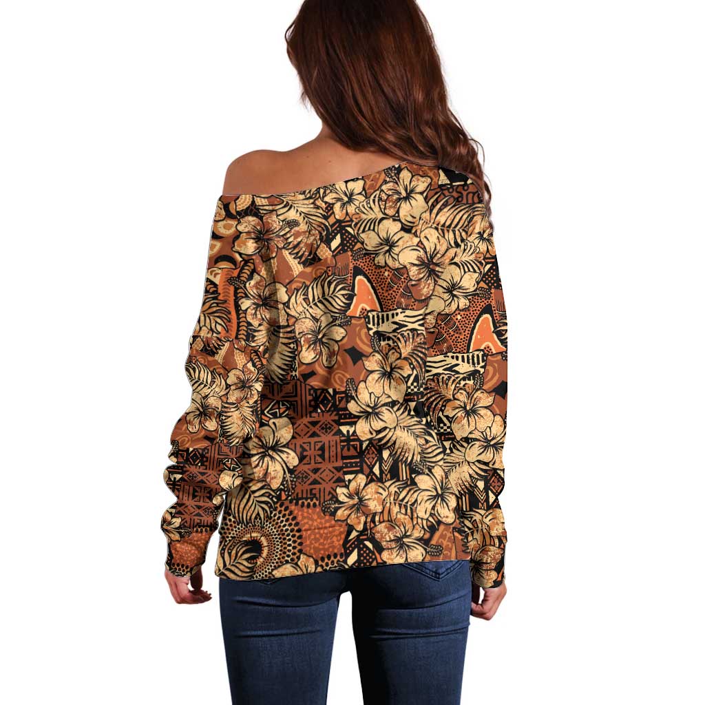 Hibiscus Mix African Pattern Off Shoulder Sweater - Wonder Print Shop