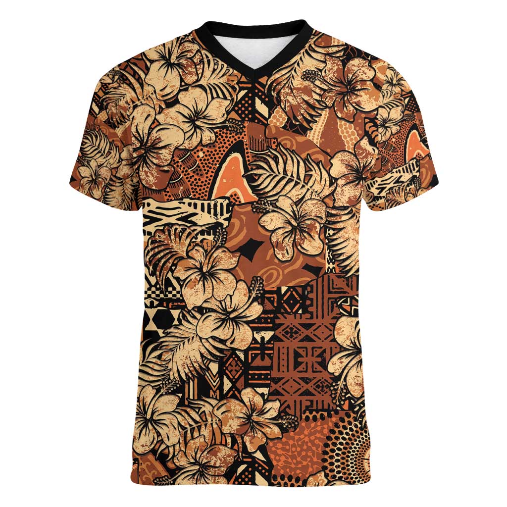 Hibiscus Mix African Pattern Women V-Neck T-Shirt - Wonder Print Shop