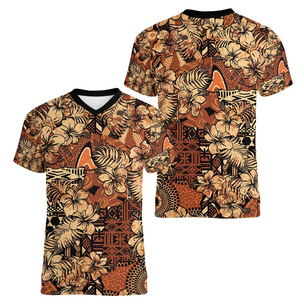 Hibiscus Mix African Pattern Women V-Neck T-Shirt - Wonder Print Shop