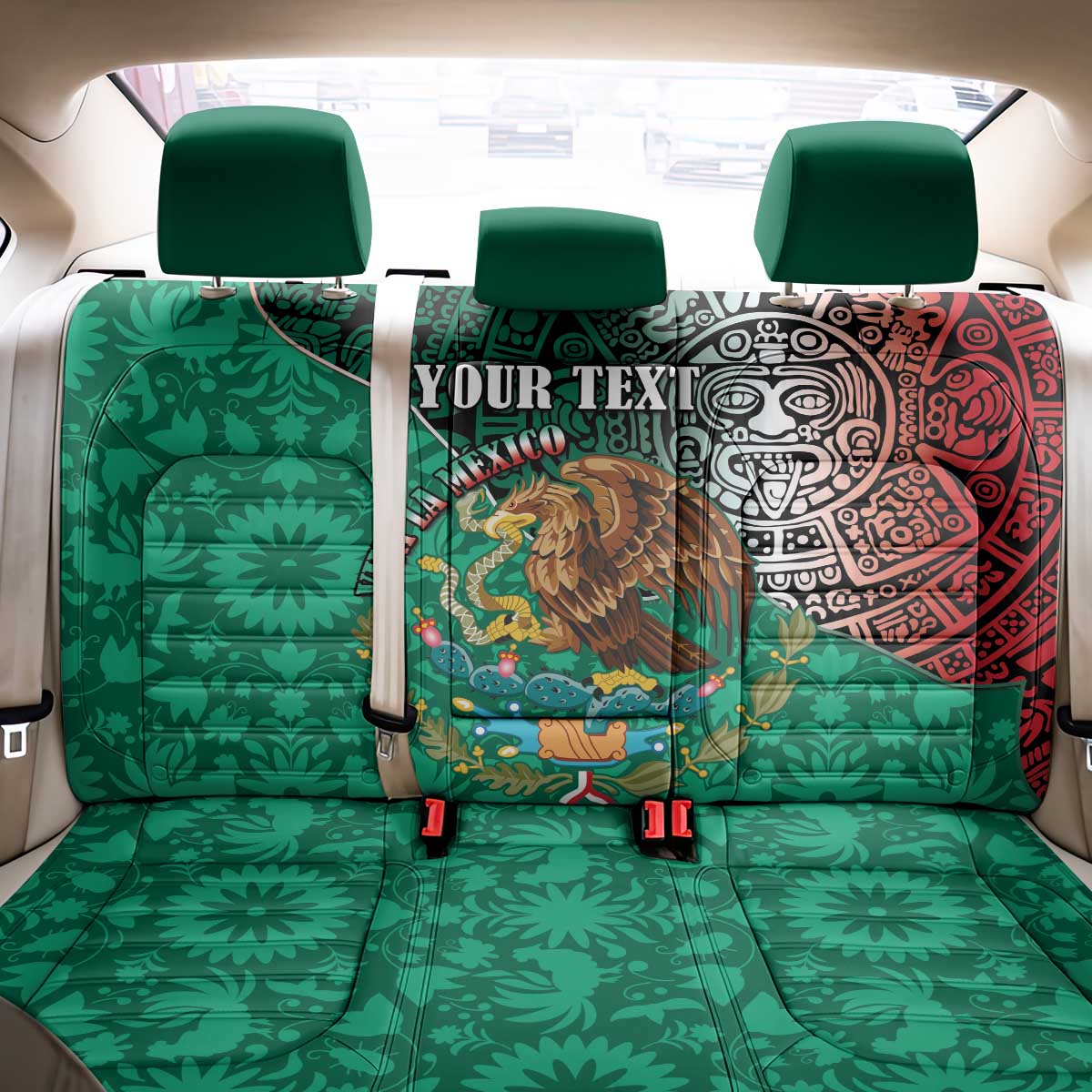 Personalised Viva La Mexico Back Car Seat Cover Coat Of Arms Aztec Mix Otomi Patterns - Wonder Print Shop