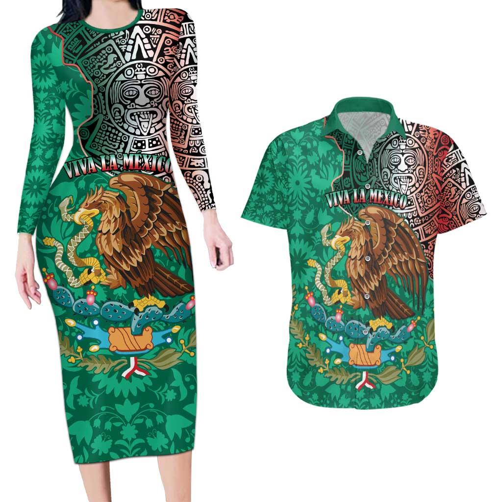 Personalised Viva La Mexico Couples Matching Long Sleeve Bodycon Dress and Hawaiian Shirt Coat Of Arms Aztec Mix Otomi Patterns - Wonder Print Shop