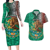 Personalised Viva La Mexico Couples Matching Long Sleeve Bodycon Dress and Hawaiian Shirt Coat Of Arms Aztec Mix Otomi Patterns - Wonder Print Shop