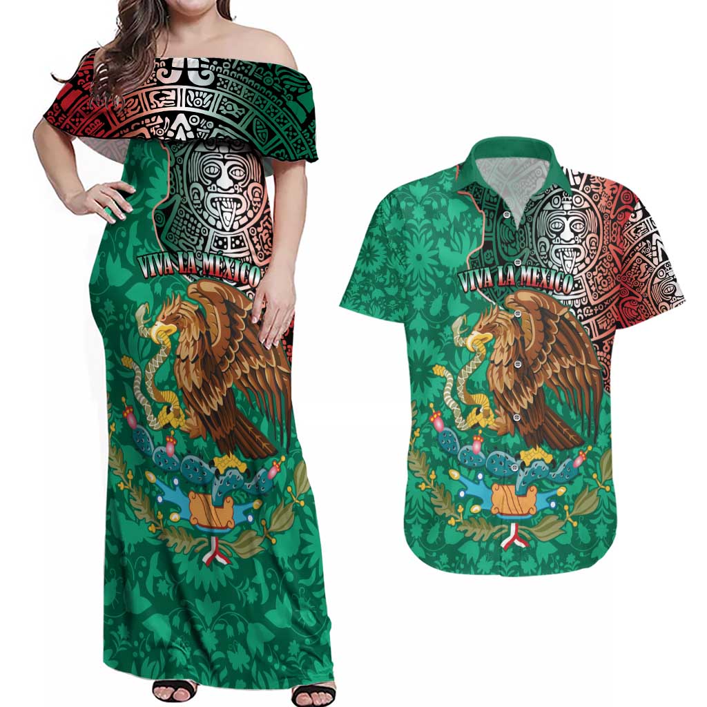 Personalised Viva La Mexico Couples Matching Off Shoulder Maxi Dress and Hawaiian Shirt Coat Of Arms Aztec Mix Otomi Patterns - Wonder Print Shop
