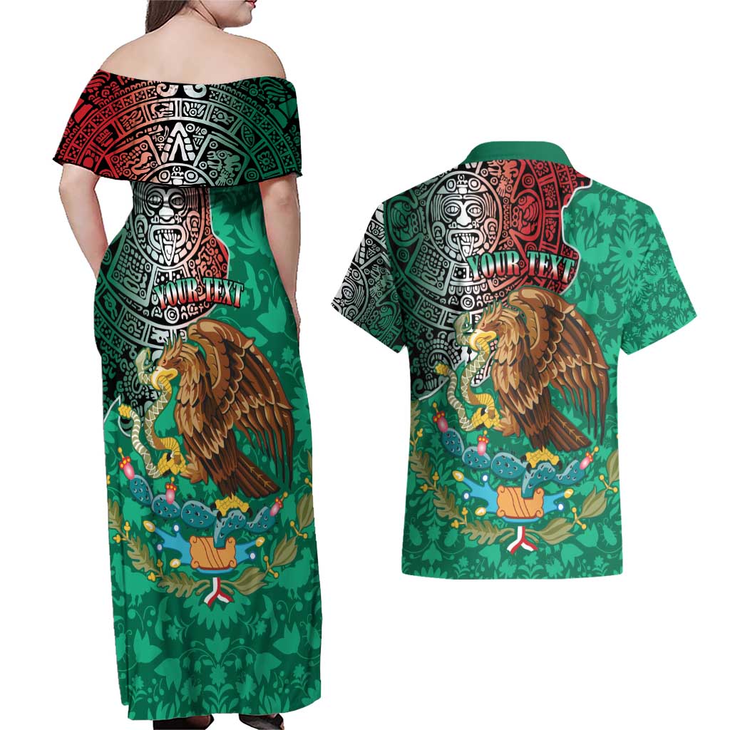 Personalised Viva La Mexico Couples Matching Off Shoulder Maxi Dress and Hawaiian Shirt Coat Of Arms Aztec Mix Otomi Patterns - Wonder Print Shop