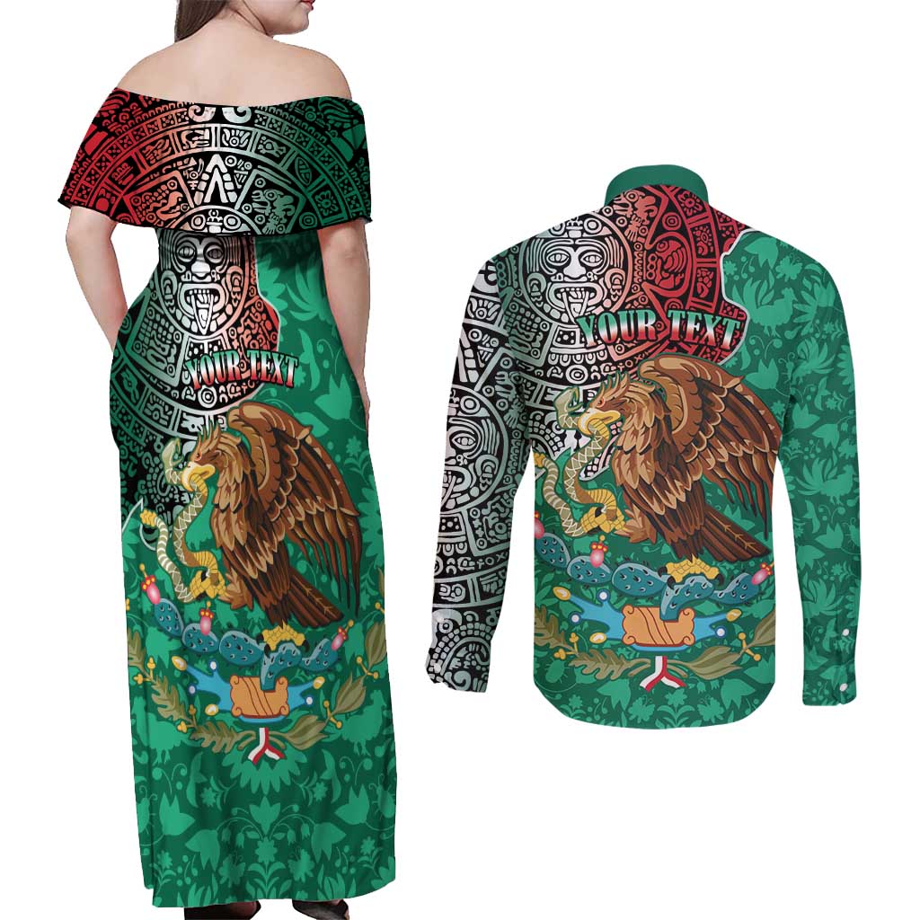 Personalised Viva La Mexico Couples Matching Off Shoulder Maxi Dress and Long Sleeve Button Shirt Coat Of Arms Aztec Mix Otomi Patterns - Wonder Print Shop