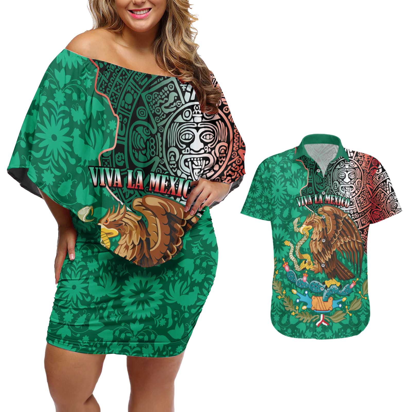 Personalised Viva La Mexico Couples Matching Off Shoulder Short Dress and Hawaiian Shirt Coat Of Arms Aztec Mix Otomi Patterns - Wonder Print Shop