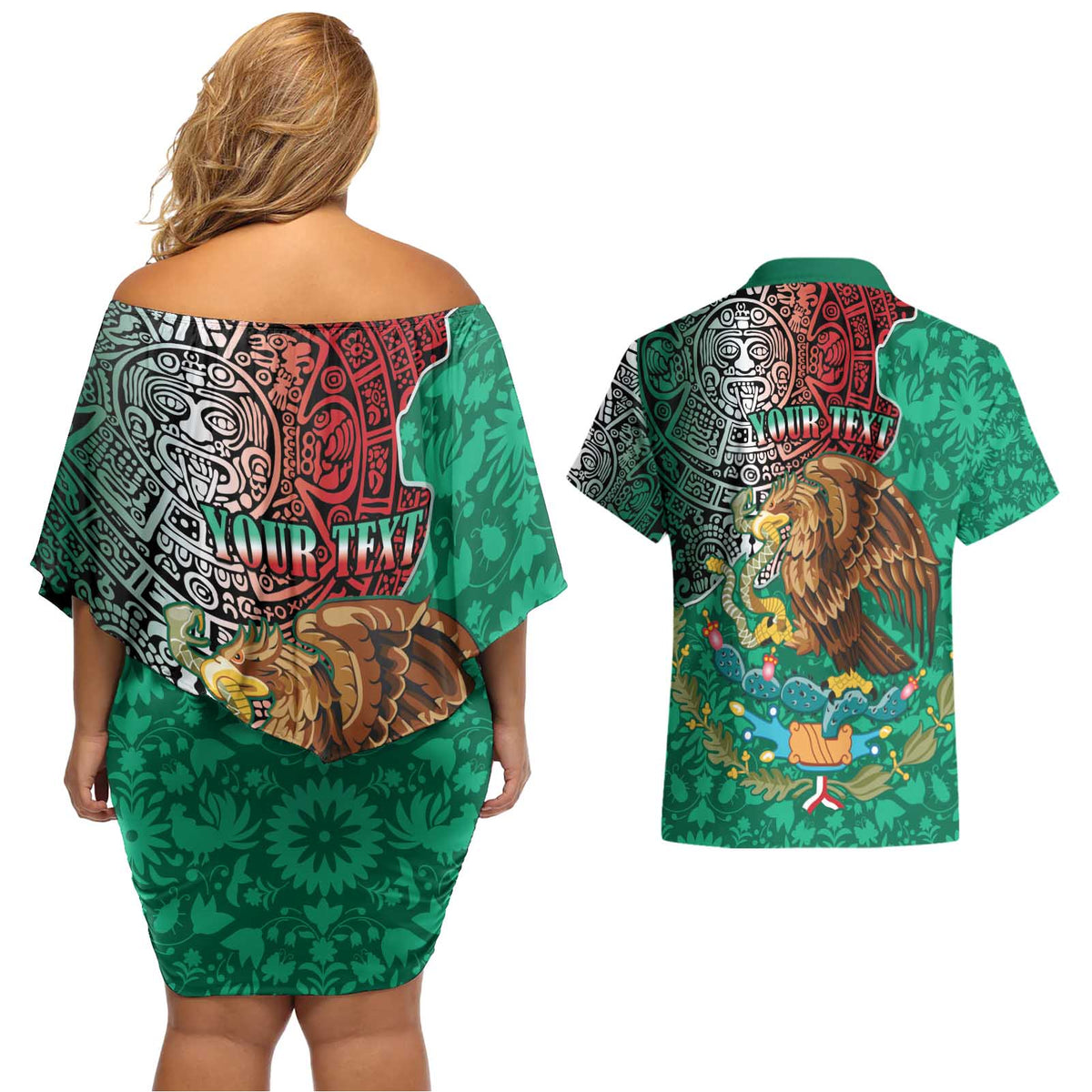 Personalised Viva La Mexico Couples Matching Off Shoulder Short Dress and Hawaiian Shirt Coat Of Arms Aztec Mix Otomi Patterns - Wonder Print Shop