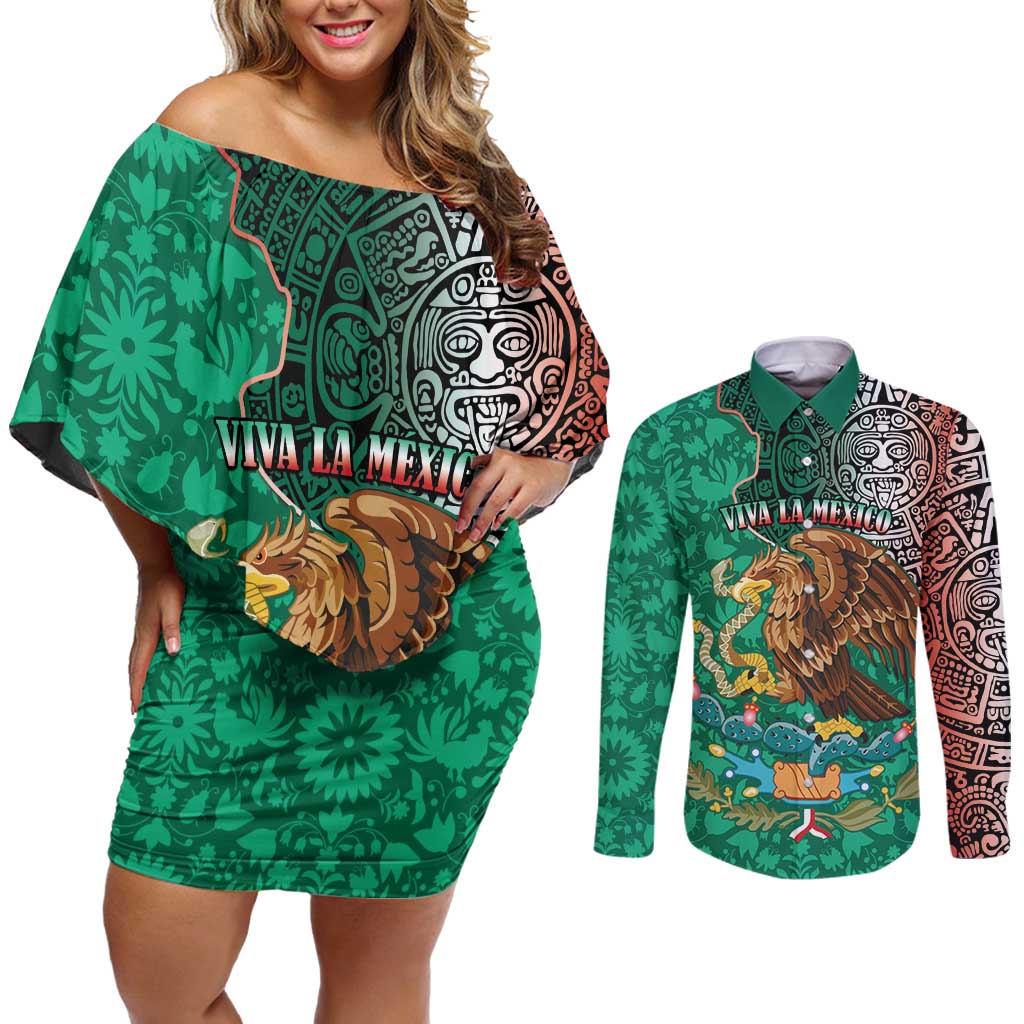 Personalised Viva La Mexico Couples Matching Off Shoulder Short Dress and Long Sleeve Button Shirt Coat Of Arms Aztec Mix Otomi Patterns - Wonder Print Shop