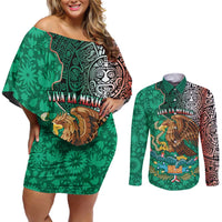 Personalised Viva La Mexico Couples Matching Off Shoulder Short Dress and Long Sleeve Button Shirt Coat Of Arms Aztec Mix Otomi Patterns - Wonder Print Shop
