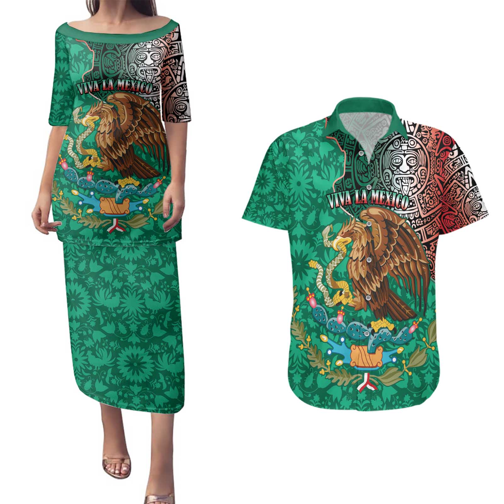Personalised Viva La Mexico Couples Matching Puletasi and Hawaiian Shirt Coat Of Arms Aztec Mix Otomi Patterns - Wonder Print Shop