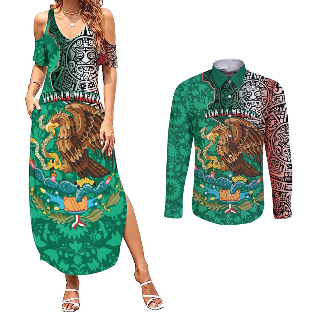 Personalised Viva La Mexico Couples Matching Summer Maxi Dress and Long Sleeve Button Shirt Coat Of Arms Aztec Mix Otomi Patterns - Wonder Print Shop
