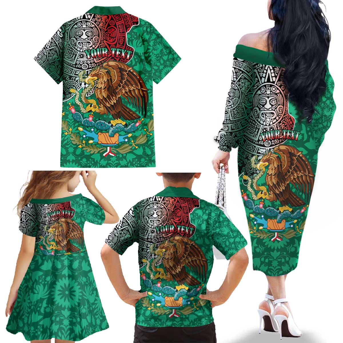 Personalised Viva La Mexico Family Matching Off The Shoulder Long Sleeve Dress and Hawaiian Shirt Coat Of Arms Aztec Mix Otomi Patterns - Wonder Print Shop