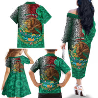 Personalised Viva La Mexico Family Matching Off The Shoulder Long Sleeve Dress and Hawaiian Shirt Coat Of Arms Aztec Mix Otomi Patterns - Wonder Print Shop