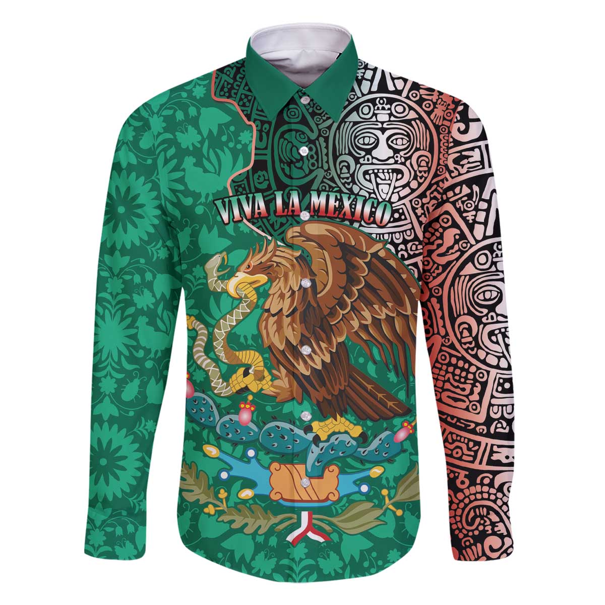 Personalised Viva La Mexico Family Matching Off The Shoulder Long Sleeve Dress and Hawaiian Shirt Coat Of Arms Aztec Mix Otomi Patterns - Wonder Print Shop