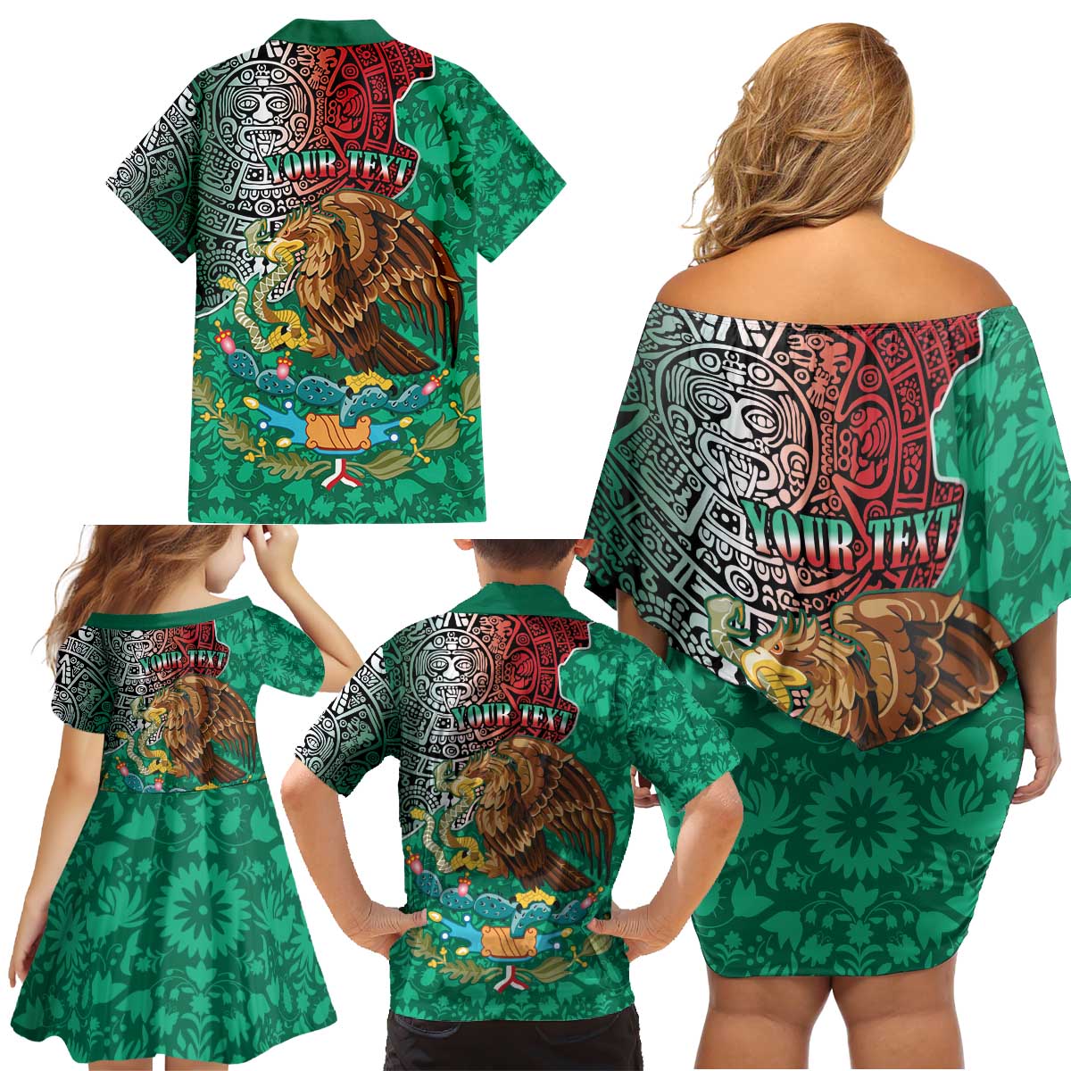 Personalised Viva La Mexico Family Matching Off Shoulder Short Dress and Hawaiian Shirt Coat Of Arms Aztec Mix Otomi Patterns - Wonder Print Shop