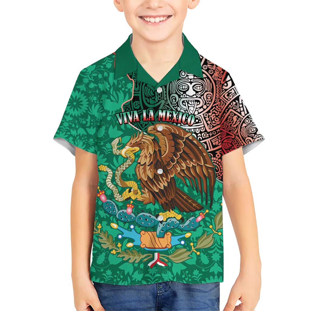 Personalised Viva La Mexico Kid Hawaiian Shirt Coat Of Arms Aztec Mix Otomi Patterns - Wonder Print Shop