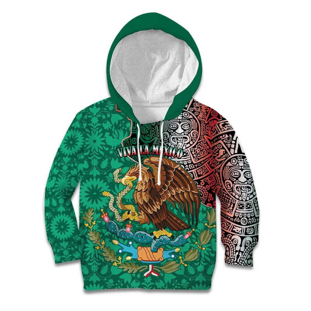 Personalised Viva La Mexico Kid Hoodie Coat Of Arms Aztec Mix Otomi Patterns - Wonder Print Shop