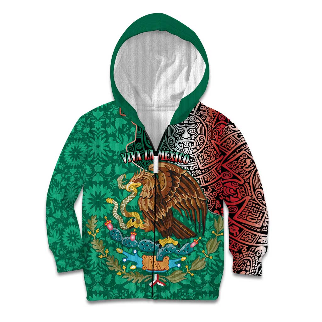 Personalised Viva La Mexico Kid Hoodie Coat Of Arms Aztec Mix Otomi Patterns - Wonder Print Shop