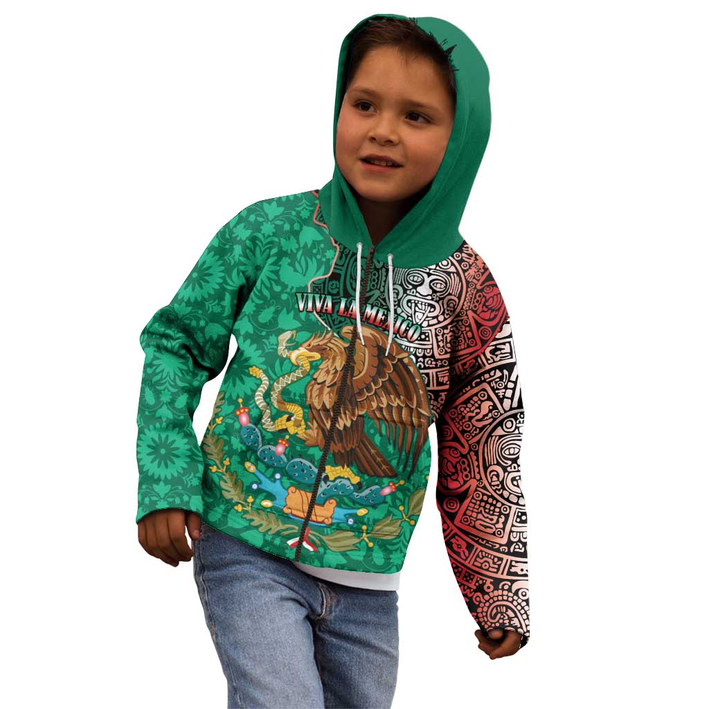 Personalised Viva La Mexico Kid Hoodie Coat Of Arms Aztec Mix Otomi Patterns - Wonder Print Shop