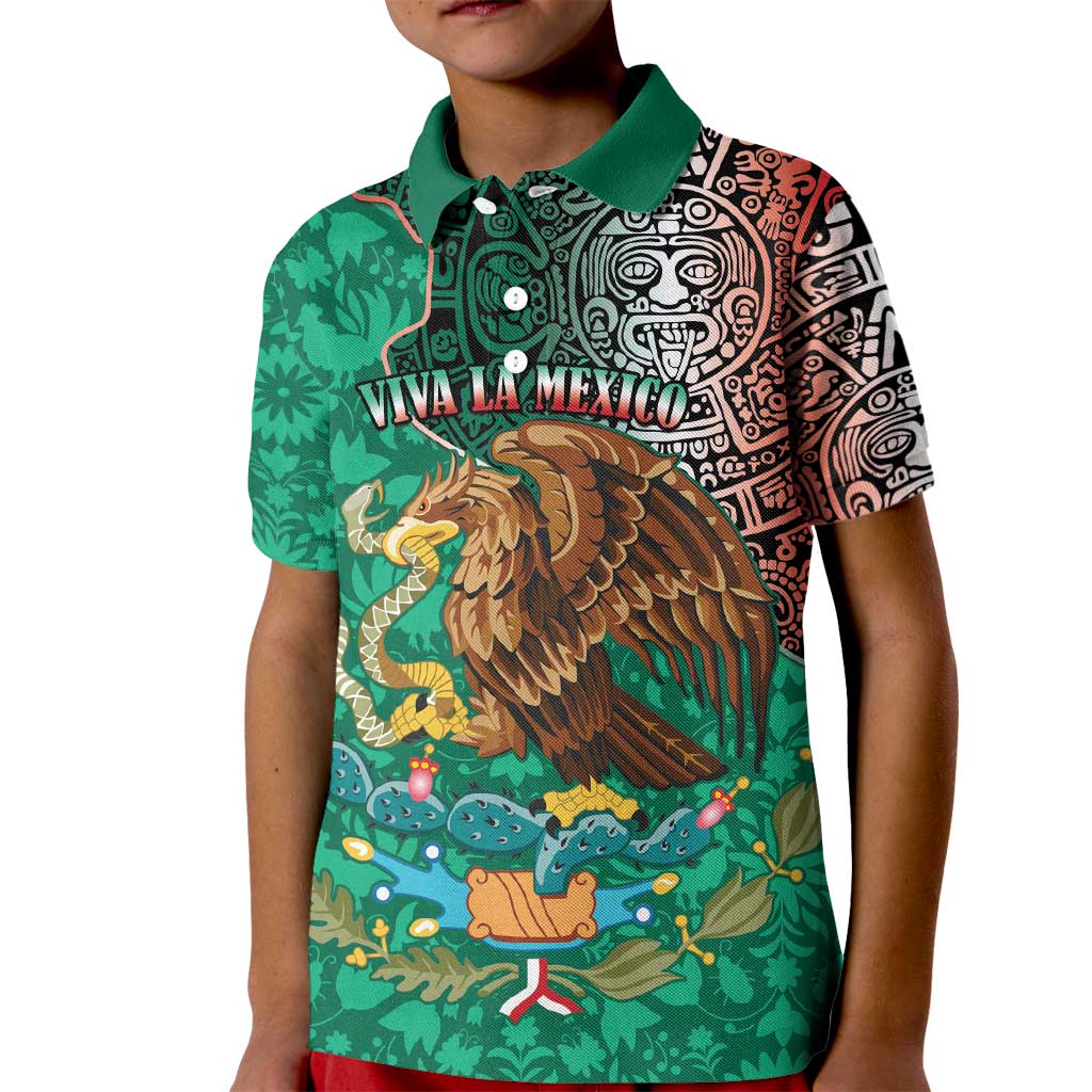 Personalised Viva La Mexico Kid Polo Shirt Coat Of Arms Aztec Mix Otomi Patterns - Wonder Print Shop