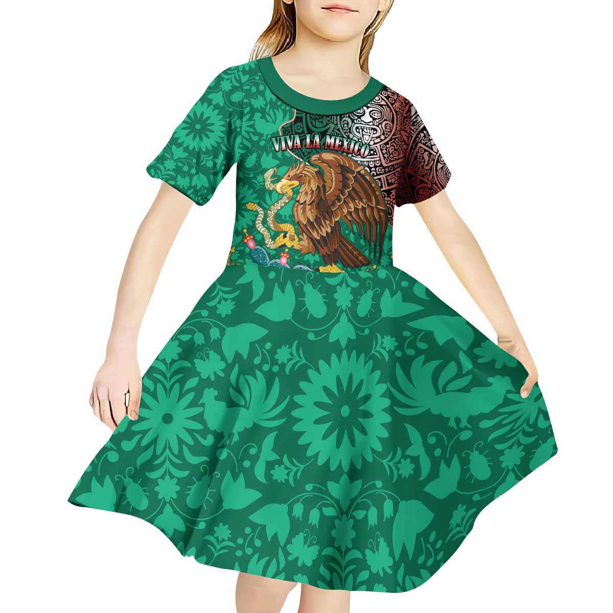 Personalised Viva La Mexico Kid Short Sleeve Dress Coat Of Arms Aztec Mix Otomi Patterns - Wonder Print Shop
