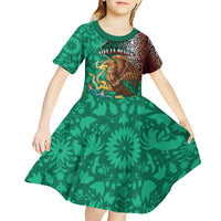Personalised Viva La Mexico Kid Short Sleeve Dress Coat Of Arms Aztec Mix Otomi Patterns - Wonder Print Shop