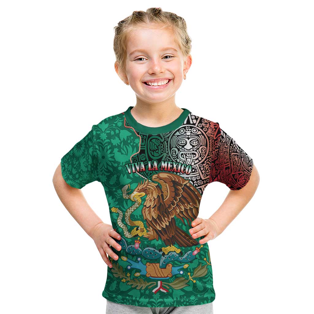 Personalised Viva La Mexico Kid T Shirt Coat Of Arms Aztec Mix Otomi Patterns - Wonder Print Shop