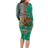 Personalised Viva La Mexico Long Sleeve Bodycon Dress Coat Of Arms Aztec Mix Otomi Patterns - Wonder Print Shop
