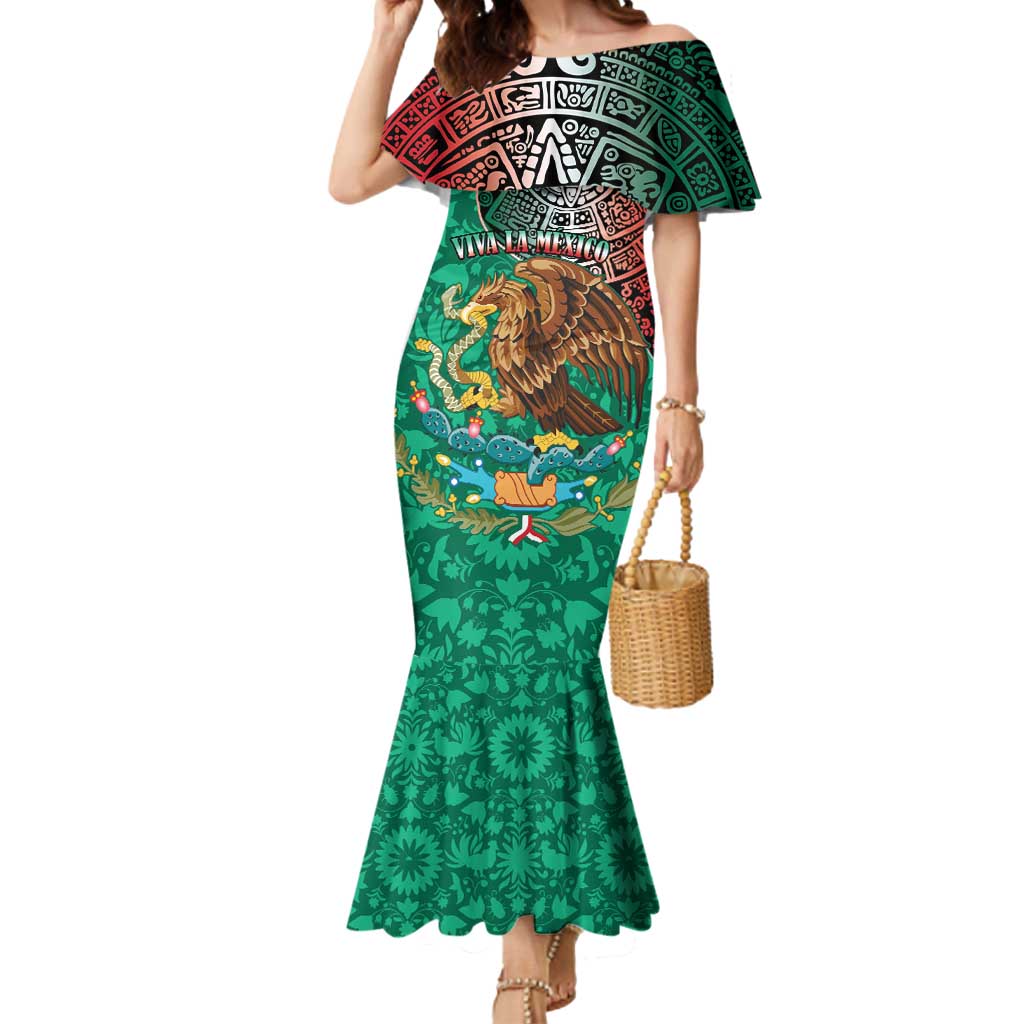 Personalised Viva La Mexico Mermaid Dress Coat Of Arms Aztec Mix Otomi Patterns - Wonder Print Shop