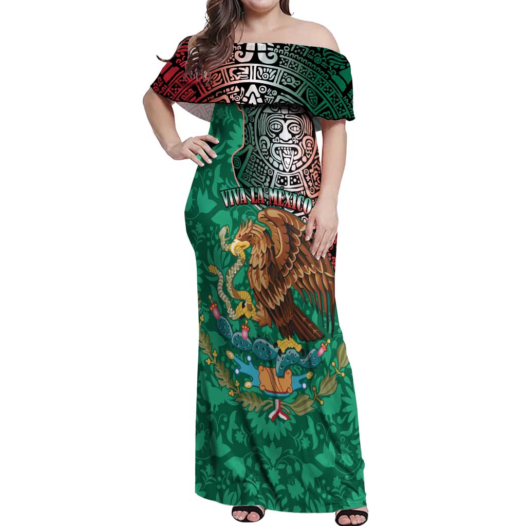 Personalised Viva La Mexico Off Shoulder Maxi Dress Coat Of Arms Aztec Mix Otomi Patterns - Wonder Print Shop