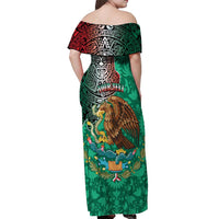 Personalised Viva La Mexico Off Shoulder Maxi Dress Coat Of Arms Aztec Mix Otomi Patterns - Wonder Print Shop