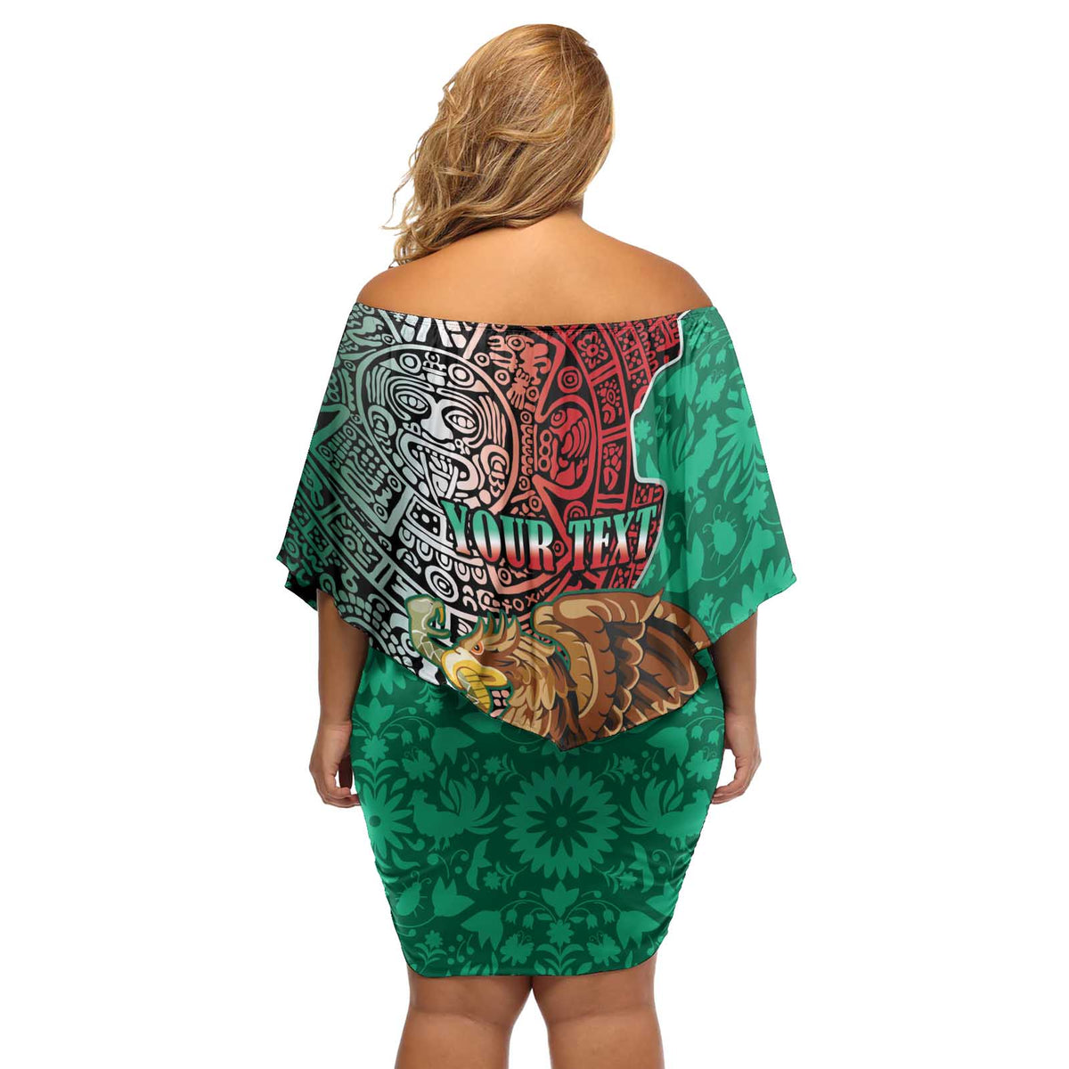 Personalised Viva La Mexico Off Shoulder Short Dress Coat Of Arms Aztec Mix Otomi Patterns - Wonder Print Shop