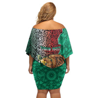 Personalised Viva La Mexico Off Shoulder Short Dress Coat Of Arms Aztec Mix Otomi Patterns - Wonder Print Shop