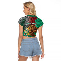 Personalised Viva La Mexico Raglan Cropped T Shirt Coat Of Arms Aztec Mix Otomi Patterns - Wonder Print Shop