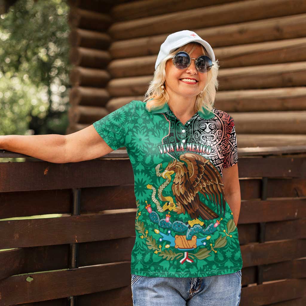 Personalised Viva La Mexico Women Polo Shirt Coat Of Arms Aztec Mix Otomi Patterns - Wonder Print Shop