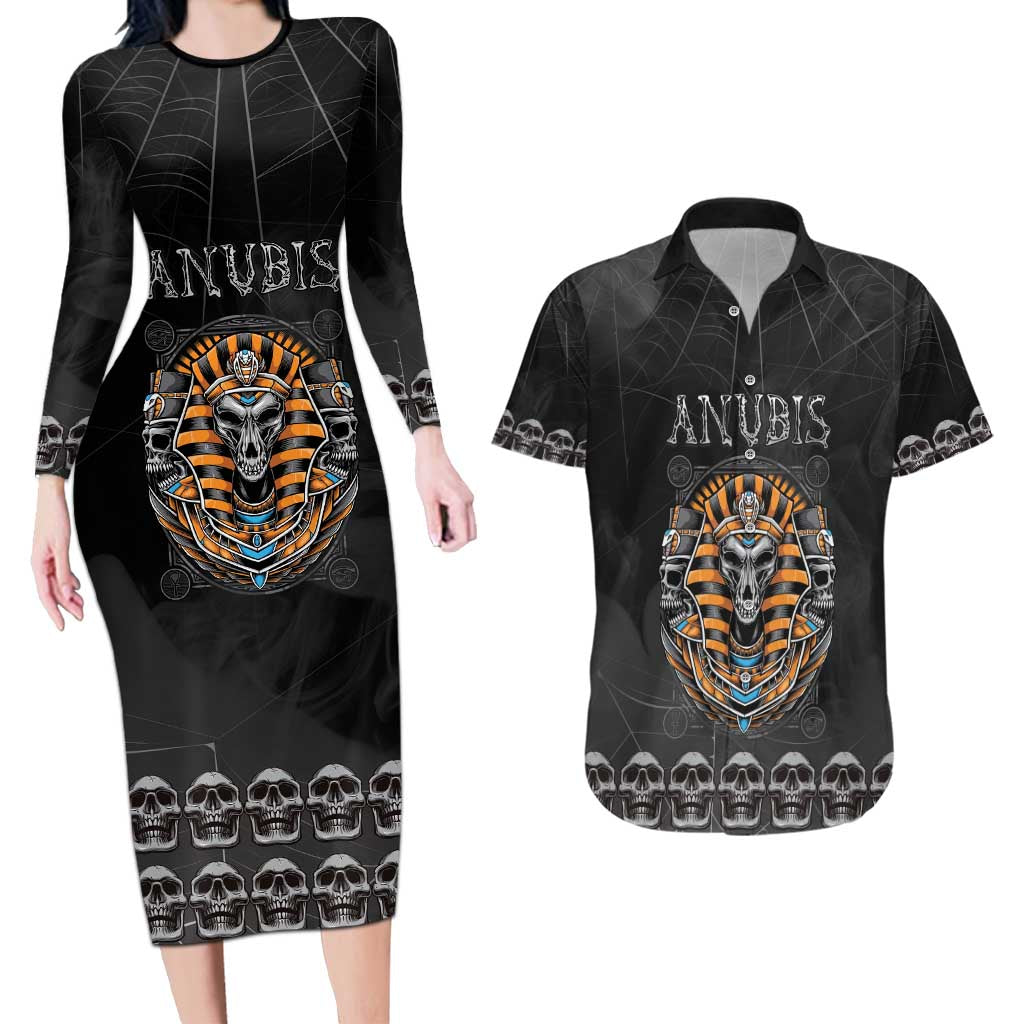 Personalized Halloween Egypt Couples Matching Long Sleeve Bodycon Dress and Hawaiian Shirt Skull Anubis - Wonder Print Shop