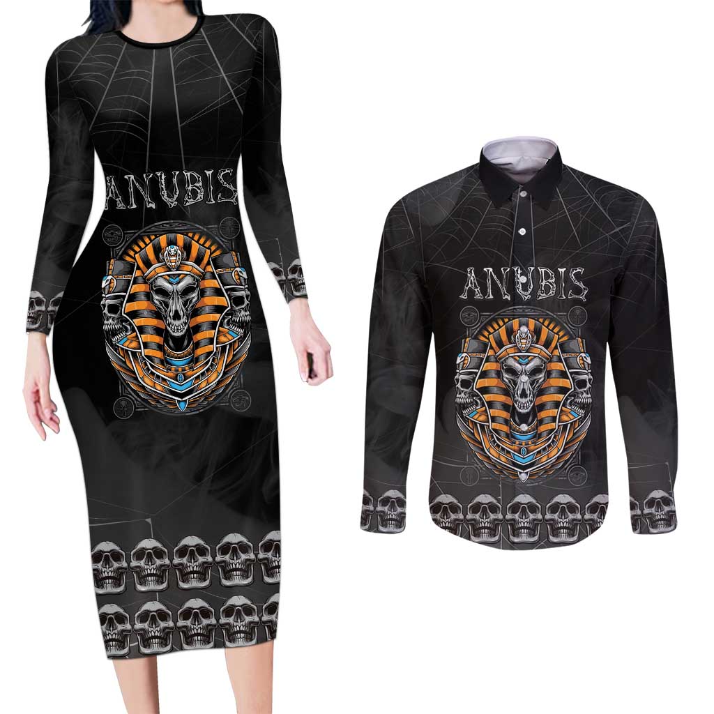 Personalized Halloween Egypt Couples Matching Long Sleeve Bodycon Dress and Long Sleeve Button Shirt Skull Anubis - Wonder Print Shop