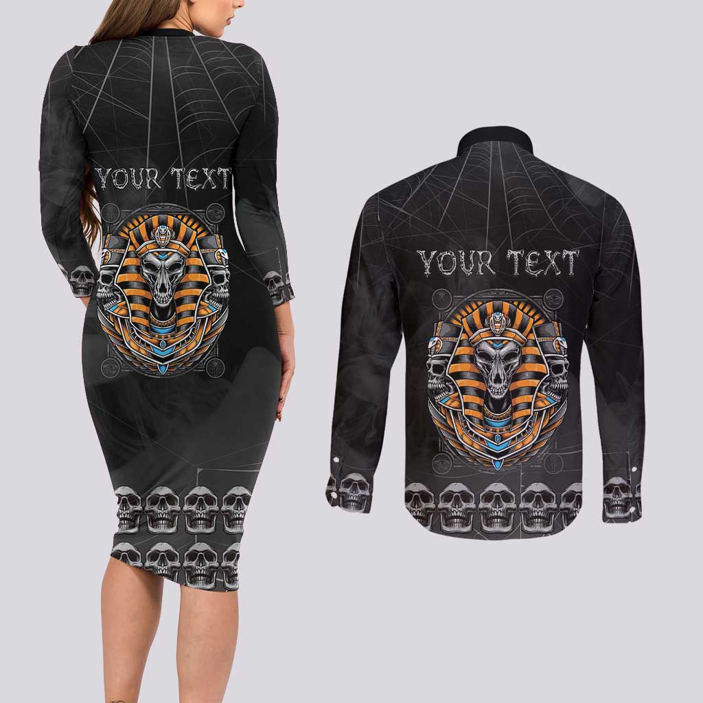 Personalized Halloween Egypt Couples Matching Long Sleeve Bodycon Dress and Long Sleeve Button Shirt Skull Anubis - Wonder Print Shop