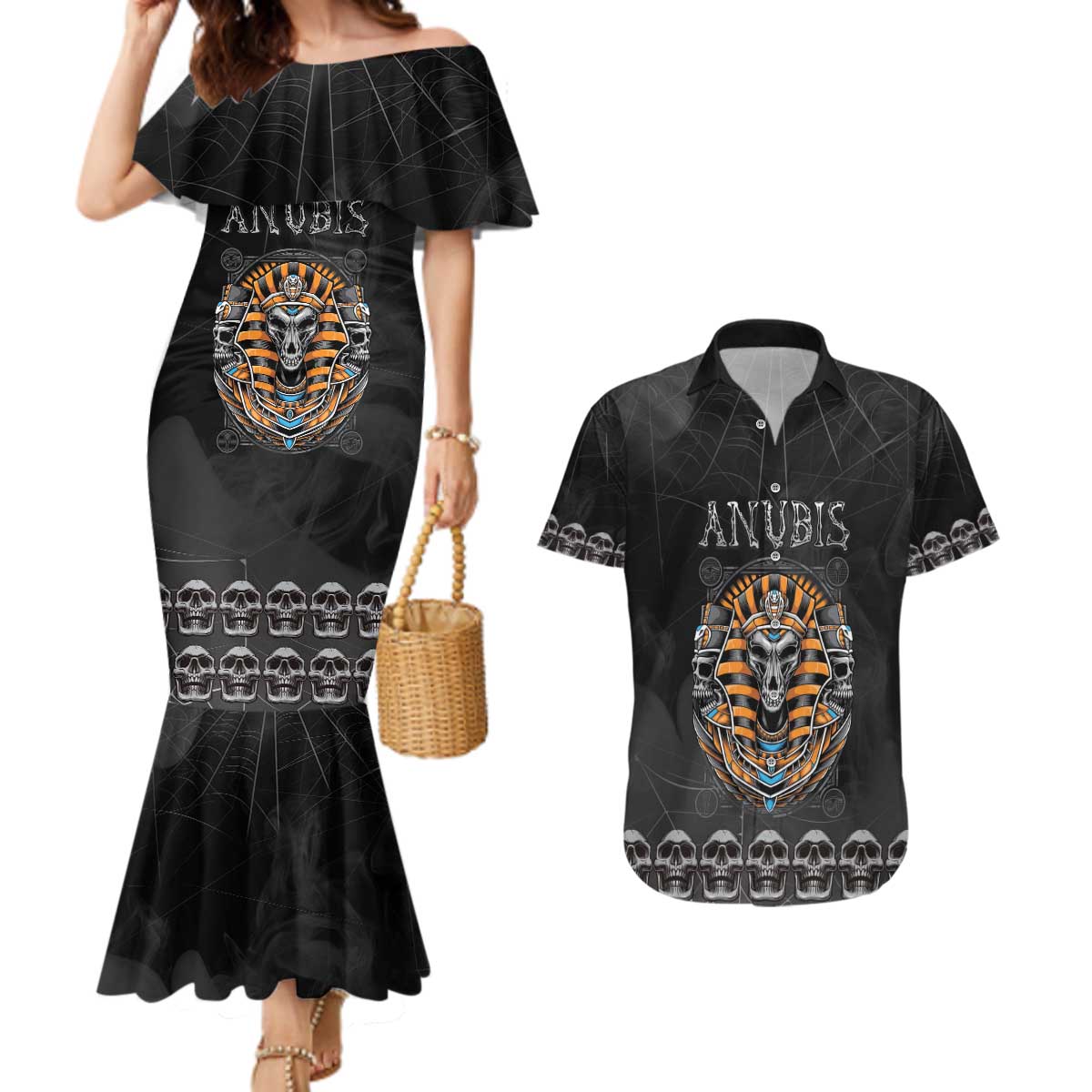 Personalized Halloween Egypt Couples Matching Mermaid Dress and Hawaiian Shirt Skull Anubis - Wonder Print Shop