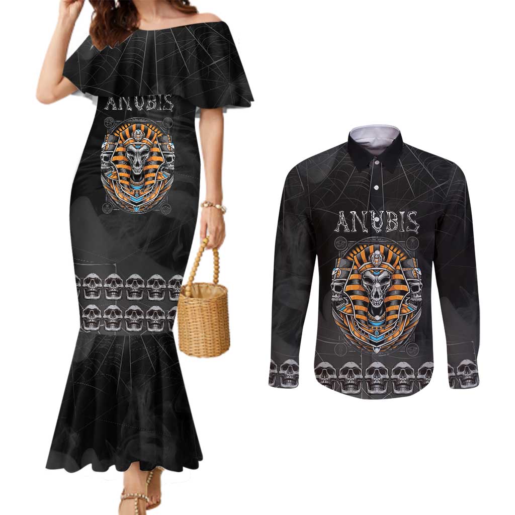 Personalized Halloween Egypt Couples Matching Mermaid Dress and Long Sleeve Button Shirt Skull Anubis - Wonder Print Shop