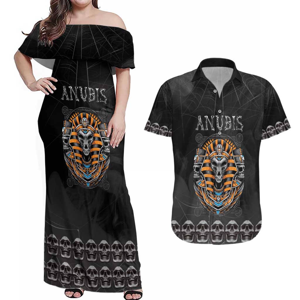 Personalized Halloween Egypt Couples Matching Off Shoulder Maxi Dress and Hawaiian Shirt Skull Anubis - Wonder Print Shop
