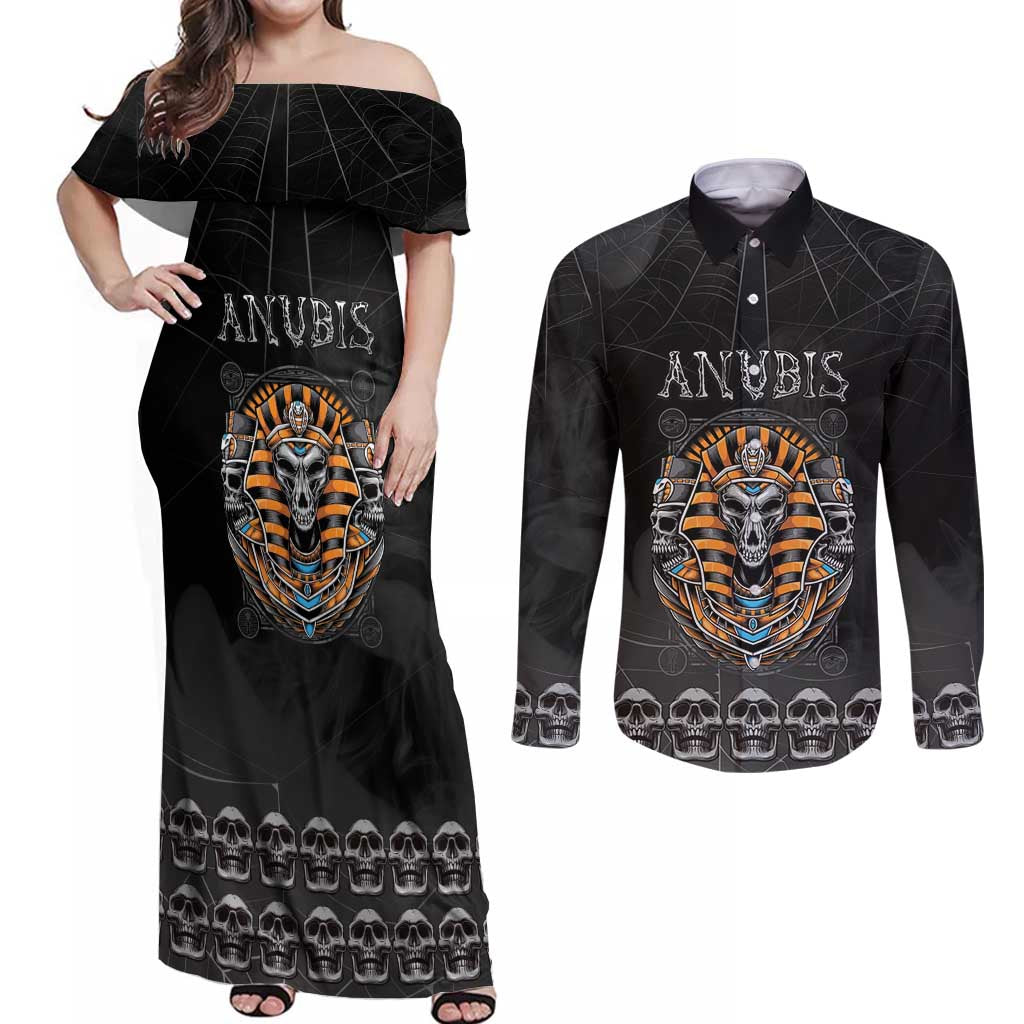 Personalized Halloween Egypt Couples Matching Off Shoulder Maxi Dress and Long Sleeve Button Shirt Skull Anubis - Wonder Print Shop