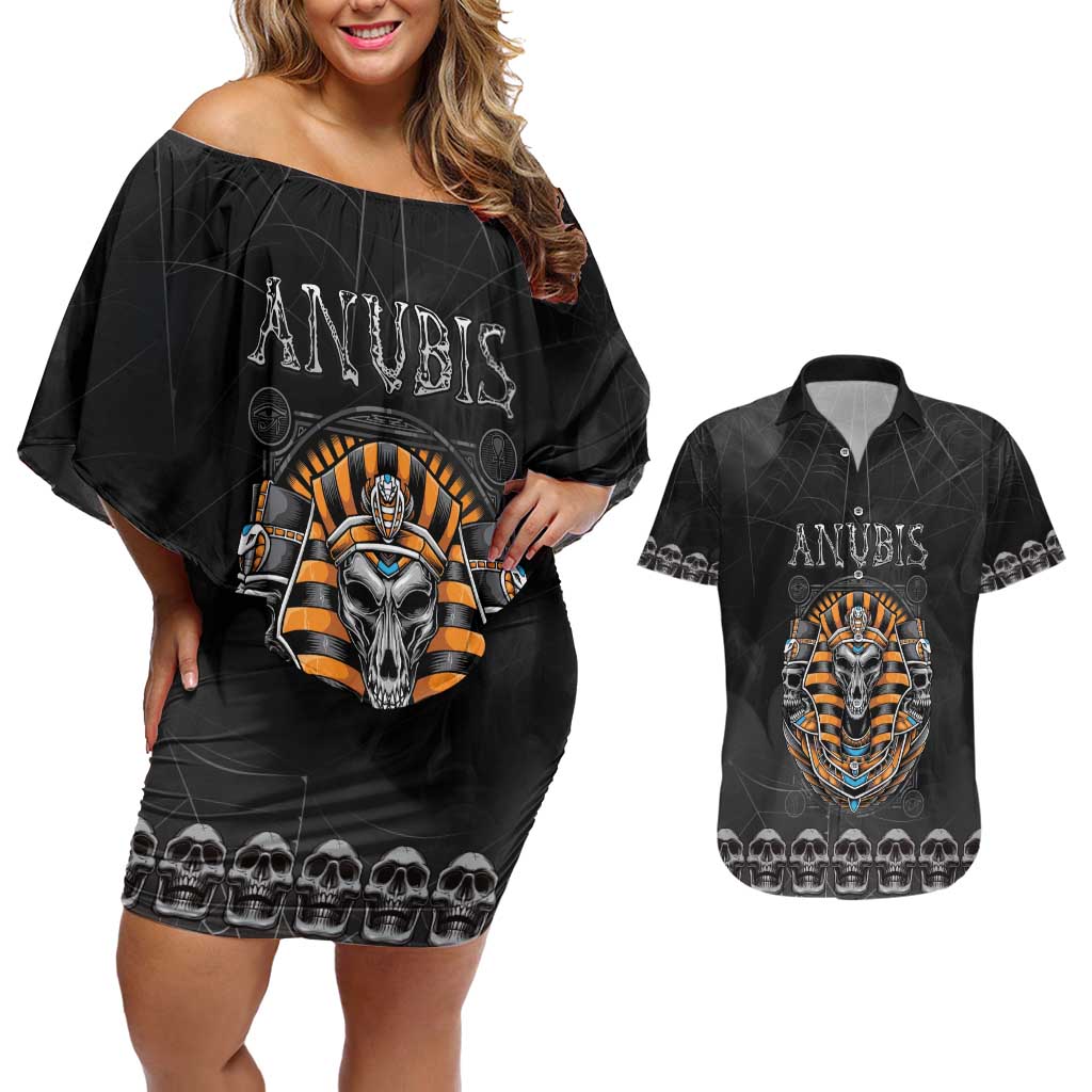 Personalized Halloween Egypt Couples Matching Off Shoulder Short Dress and Hawaiian Shirt Skull Anubis - Wonder Print Shop