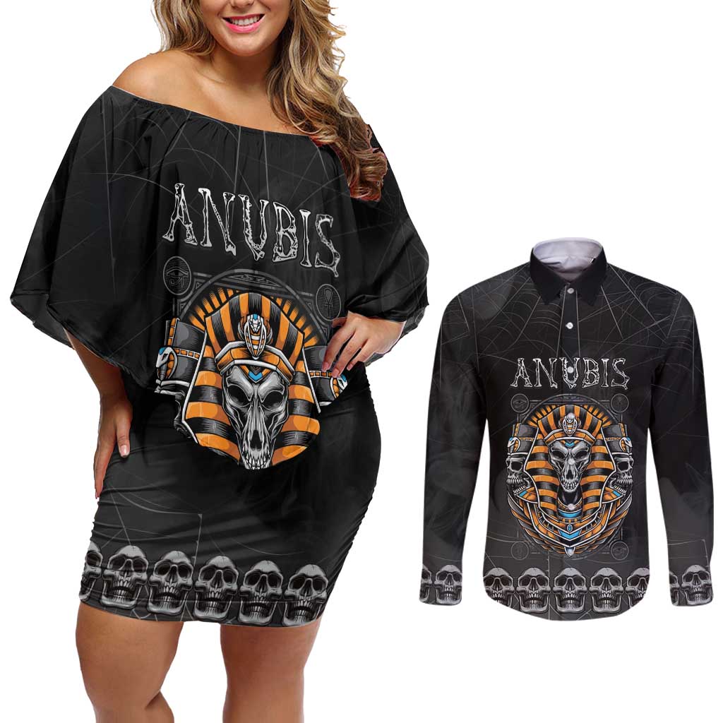 Personalized Halloween Egypt Couples Matching Off Shoulder Short Dress and Long Sleeve Button Shirt Skull Anubis - Wonder Print Shop